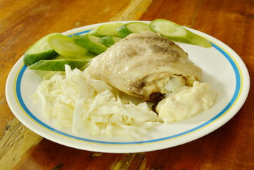 steamed chicken thigh dressing salt and pepper dipping with mayonnaise on dish