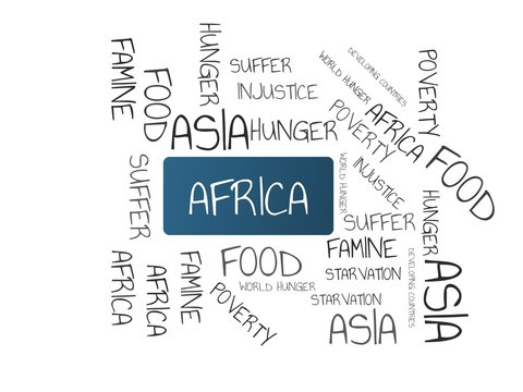 AFRICA - image with words associated with the topic FAMINE, word cloud, cube, letter, image, illustration