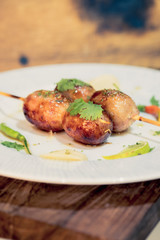 Vintage image , hot and spicy thai Grilled Sausages  with Pickled Ginger, lemon and Chili Pepper
