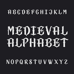 Old medieval alphabet vector font. Distressed type letters on a dark background. Vintage vector typeface for labels, headlines, posters etc.