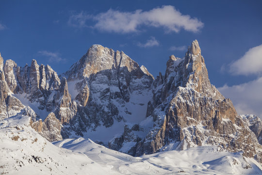 Pale of San Martino, Dolomites, Trento province, Trentino Alto Adige, Italy, Europe. View of Cimon della Pala from Malga Bocche