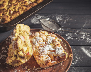 Rustic style pie iced with sugar powder