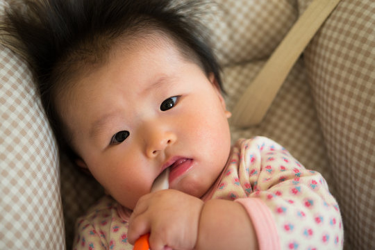 First baby food / Baby holding a spoon / Japanese baby six months old