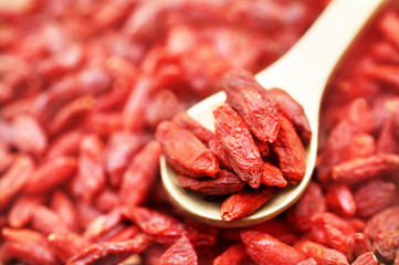 Spoon of dried goji berries on red berries background