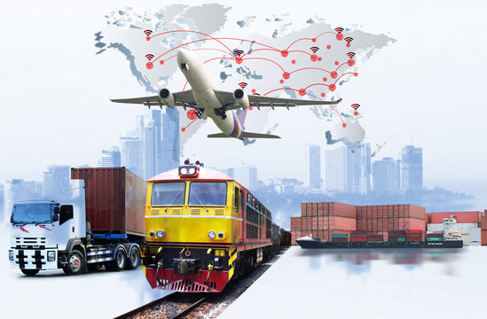 Global business of Container Cargo freight train for logistic import export, Business logistics concept ,  Air cargo trucking , rail transportation , maritime shipping , On-time delivery 