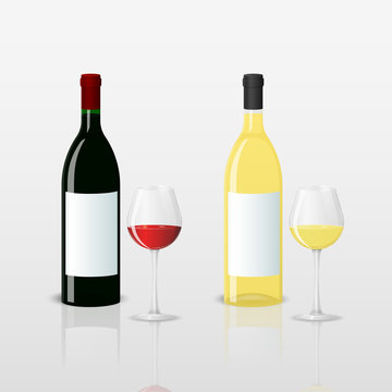 Bottles with red and white wine and glasses