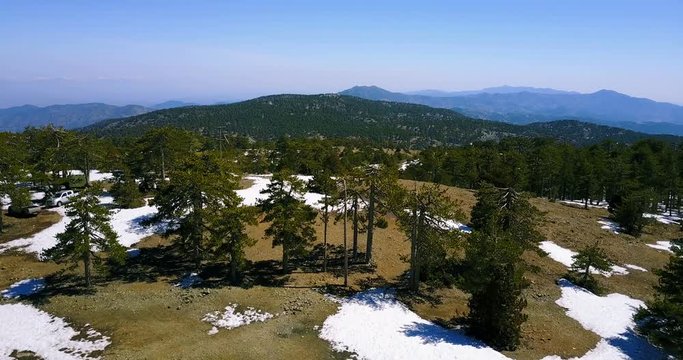 Platres in the Troodos.Winter. Snow. Cyprus. Aerial View. Flying over the mountains	