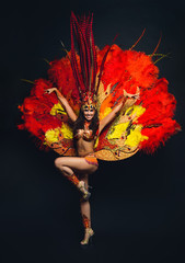 Cute young girl in bright colorful carnival costume on dark background - obrazy, fototapety, plakaty