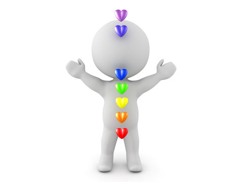 3D Character with charkas displayed as shiny hearts