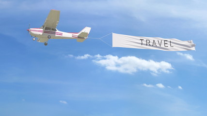 Small propeller airplane towing banner with TRAVEL caption in the sky. 3D rendering