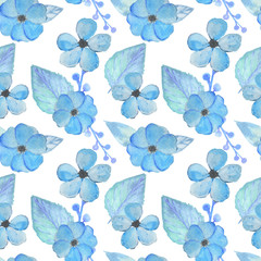Seamless pattern with watercolor blue flowers, leaves and branches on white background