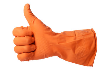 Thumbs up with a orange rubber glove isolated on white background