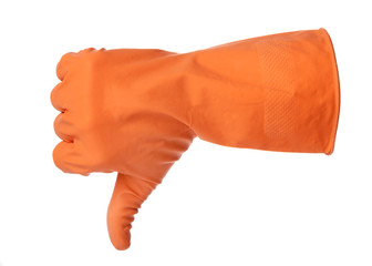 Hand with orange rubber glove isolated on white background