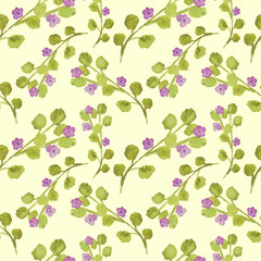 Seamless pattern with watercolor branches and little purple flowers