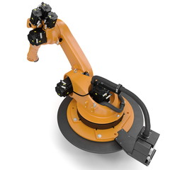 Orange robot arm for industry isolated on white. 3D Illustration