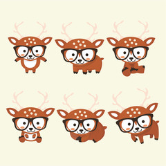Funny little deer set in different poses. Collection isolated deer in cartoon style.