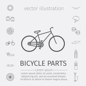 Bicycle parts and accessories. Line icons set. Vector.
