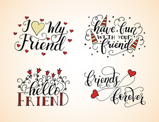Vector lettering set for friendship day. Handdrawn unique calligraphy for greeting cards.