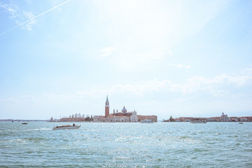 Naklejka premium San Giorgio island in Venice, Piazza San Marco. View from Grand Canal. Scenic cityscape with gondolas