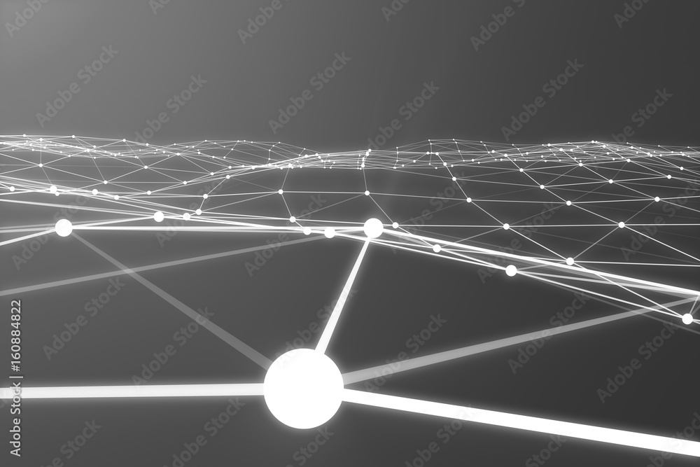 Poster abstract 3d rendering of chaotic structure. light background with lines and spheres in empty space. 