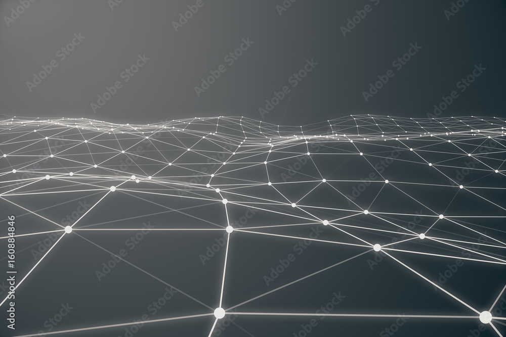 Poster abstract 3d rendering of chaotic structure. light background with lines and spheres in empty space. 