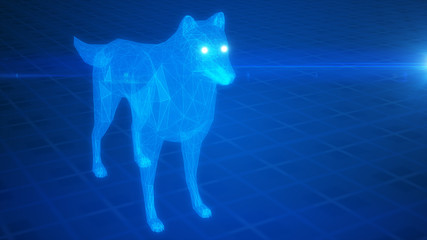 Abstract blue luminous wolf from polygons 3d illustration
