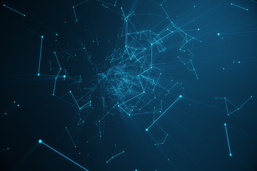 Technological connection futuristic shape, blue dot network, abstract background, blue background, Concept of Network, internet communication, 3D rendering
