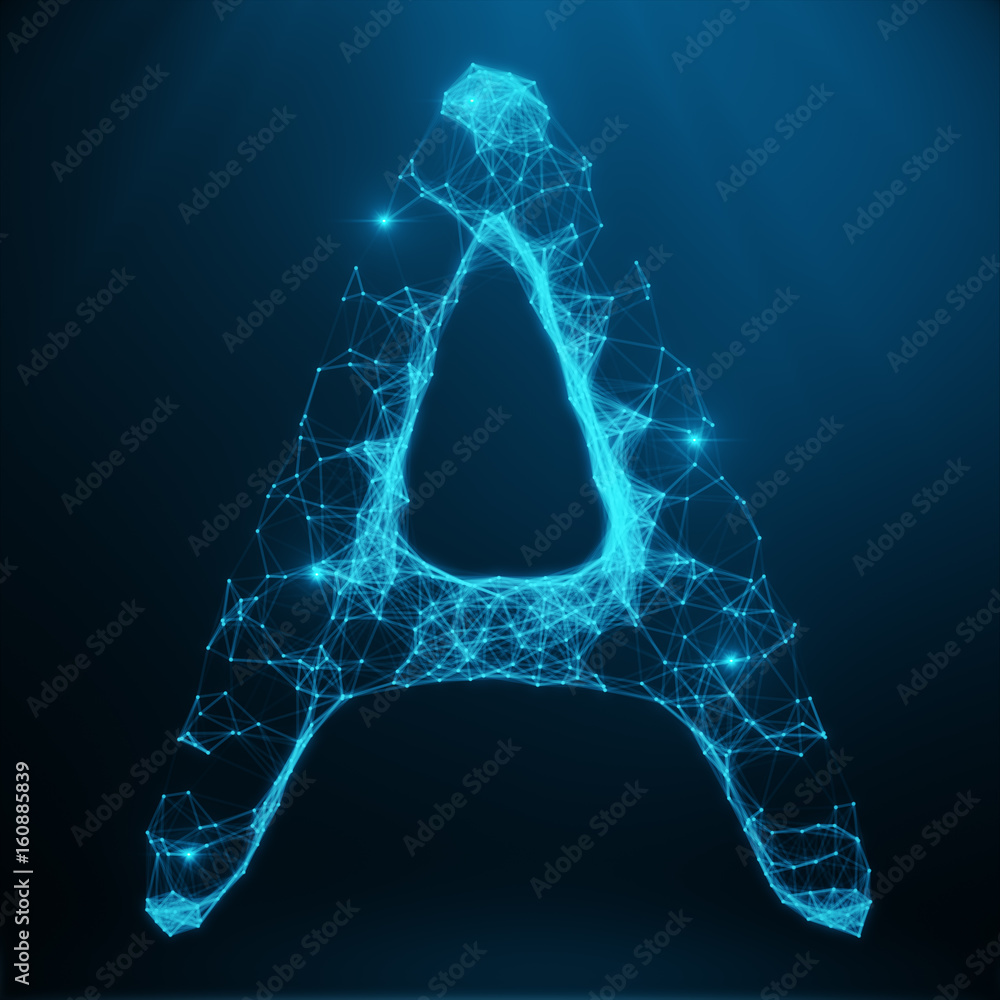 Poster abstract image of the letter a consisting of points, lines, and shapes. 3d rendering