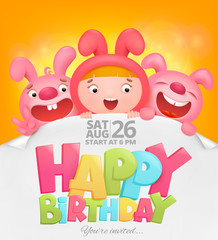 Obraz na płótnie Canvas Happy Birthday invitation card with girl in pink bunny costume