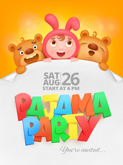 pajama party invitation card with cartoon funny characters.