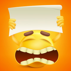 Yellow smiley cartoon character with paper banner in hands