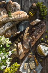 Assortment of appetizers on the wooden background top view