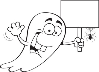 Black and white illustration of a ghost holding a sign.