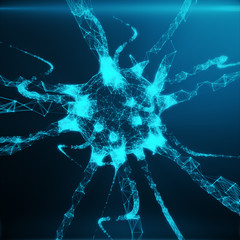 Blue glowing neuron. Artificial neuron in concept of artificial intelligence. Neuron system. Abstract polygonal space low poly with connecting dots and lines on blue tint background. 3D rendering