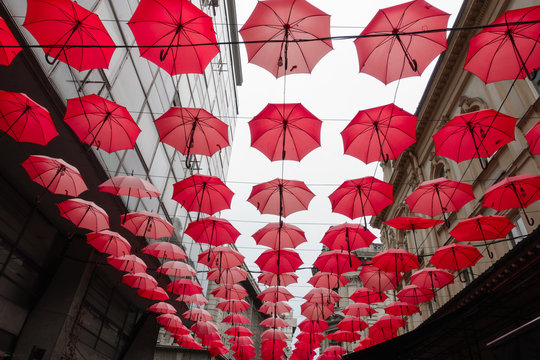 Many red umbrelas