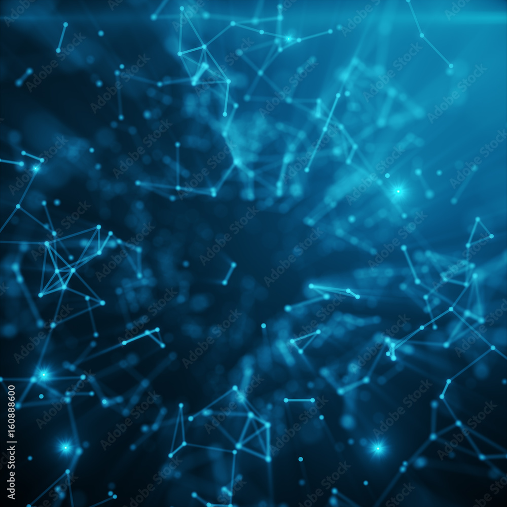 Poster abstract space blue tint background. chaotically connected points and polygons flying in space. flyi