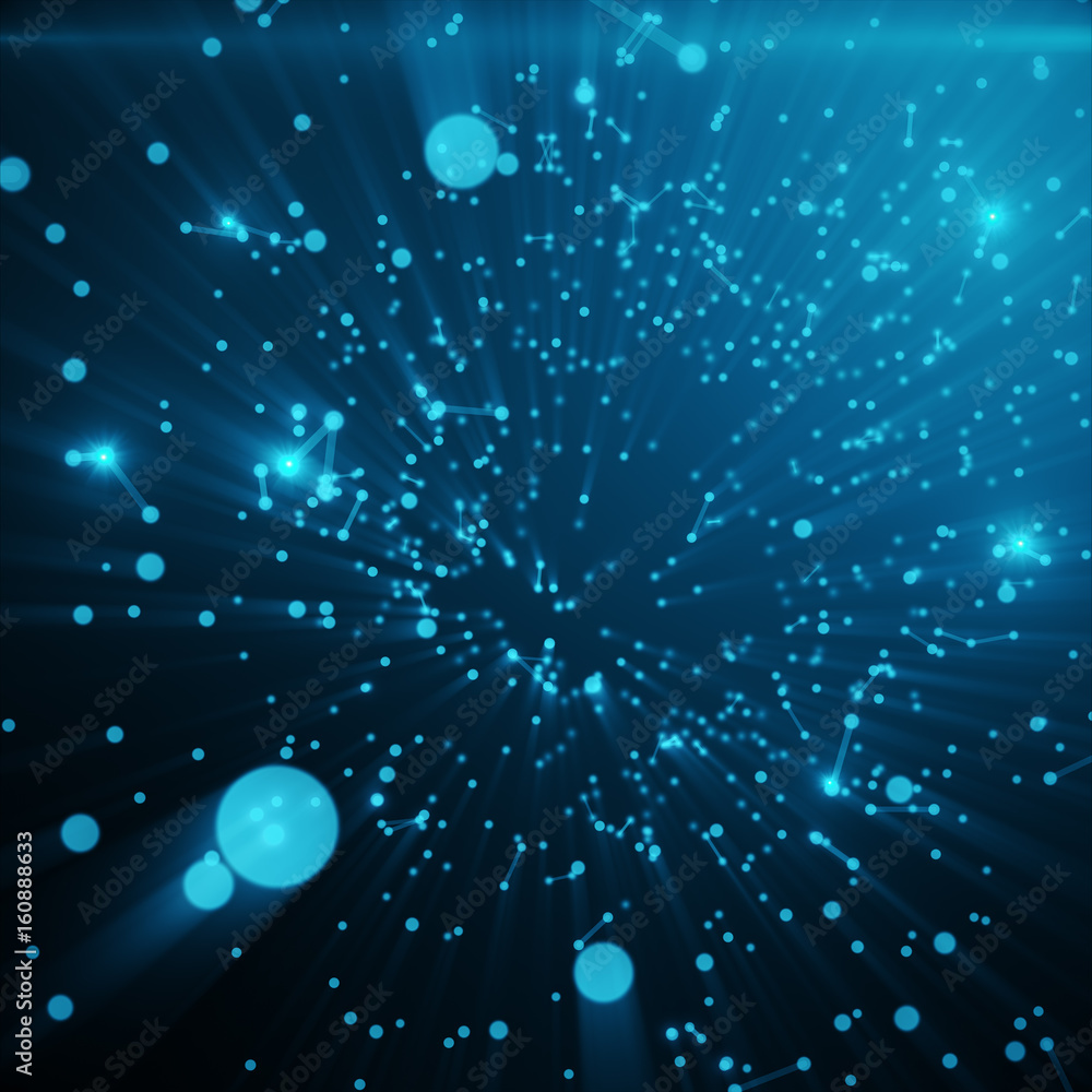 Poster abstract space blue tint background. chaotically connected points and polygons flying in space. flyi