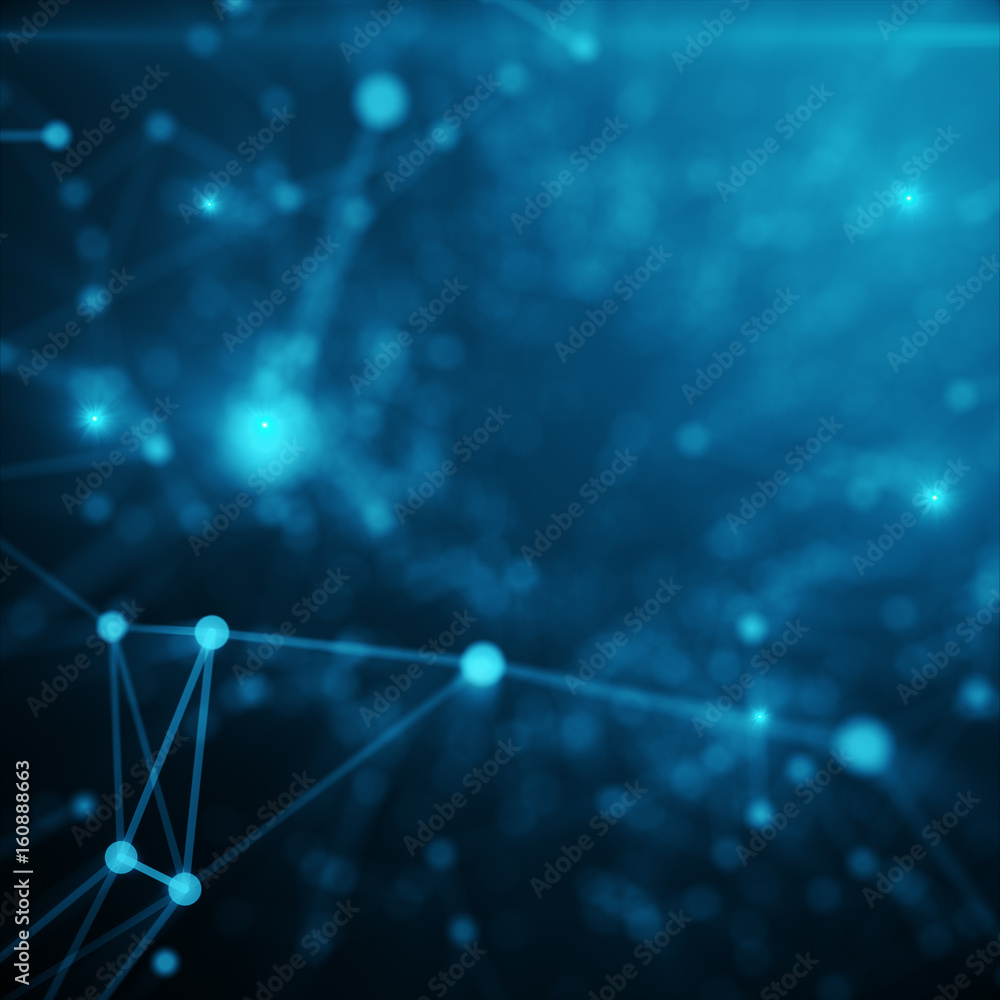 Poster abstract space blue tint background. chaotically connected points and polygons flying in space. flyi