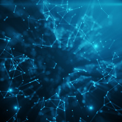 Obraz premium Abstract space blue tint background. Chaotically connected points and polygons flying in space. Flying debris. Futuristic technology style. Elegant background for business presentations, 3D rendering
