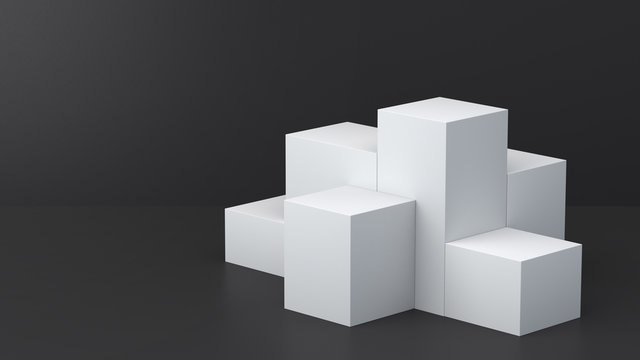 White cube boxes with dark blank wall background for display. 3D rendering.
