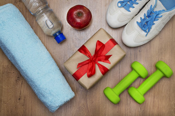 image of fitness accessories and gift box