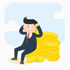 young businessman sitting on gold coin money cartoon vector illustration