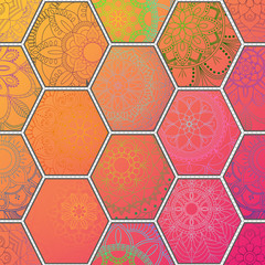 Luxury oriental tile seamless pattern. Colorful floral patchwork background. Mandala boho chic style. Rich flower ornament. Hexagon design elements. Portuguese moroccan motif. Unusual flourish print.