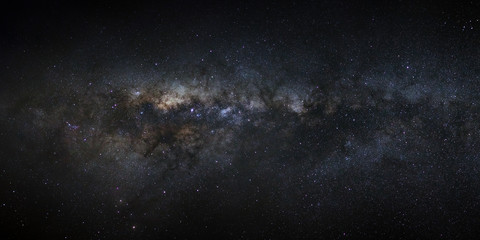 Panorama Milky way galaxy with stars and space dust in the universe, Long exposure photograph, with grain.
