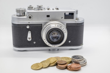 vintage camera and blur coin
