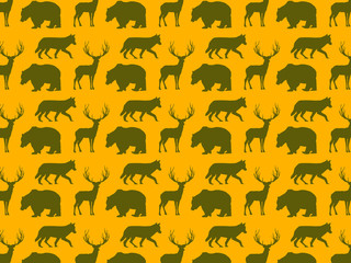 Background pattern with forest animals:wolf, bear, and deer. Vector illustration in flat style..
