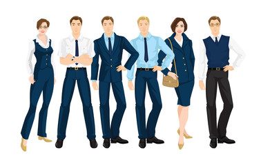 Fototapeta na wymiar Vector illustration of business people isolated on white. Business man and woman in formal blue suit. 