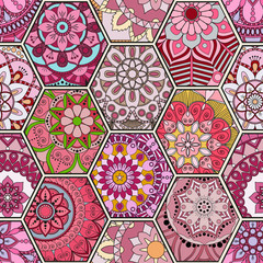 Luxury oriental tile seamless pattern. Colorful floral patchwork background. Mandala boho chic style. Rich flower ornament. Hexagon design elements. Portuguese moroccan motif. Unusual flourish print.