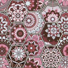 Luxury oriental tile seamless pattern. Colorful floral patchwork background. Mandala boho chic style. Rich flower ornament. Hexagon design elements. Portuguese moroccan motif. Unusual flourish print.