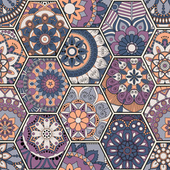 Luxury oriental tile seamless pattern. Colorful floral patchwork background. Mandala boho chic style. Rich flower ornament. Hexagon design elements. Portuguese moroccan motif. Unusual flourish print.